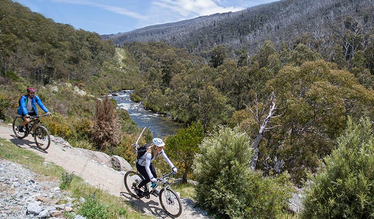 A man and woman on mountain bikes, Thredbo Valley track, Kosciuszko National Park. Photo: Boen Ferguson