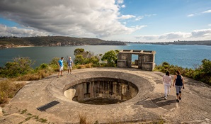 People walking around Middle Head – Gubbuh Gubbuh's military fortifications in Middle Head, Sydney Harbour National Park. Photo: John Spencer, © DCCEEW